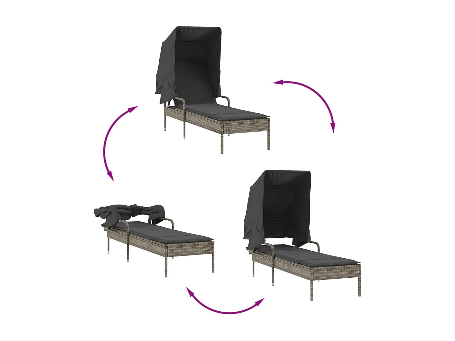 Sillón con toldo y mesa en resina tejida color gris