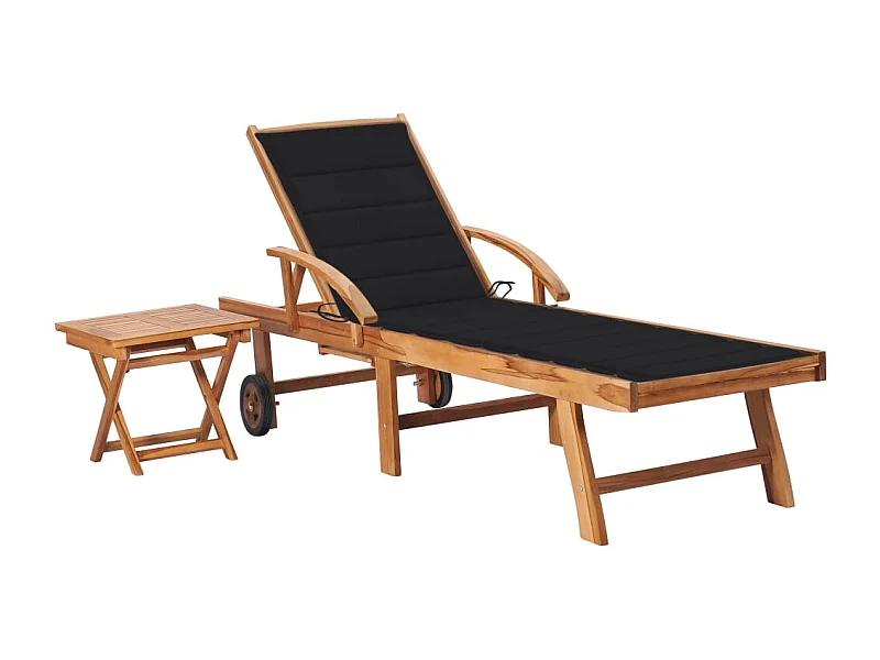 Chaise longue avec table et coussin Bois de teck solide