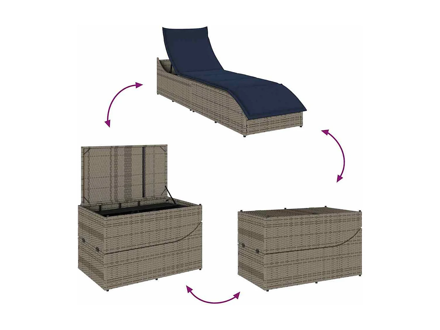 Chaise longue pliante coussin et rangement gris résine tressée