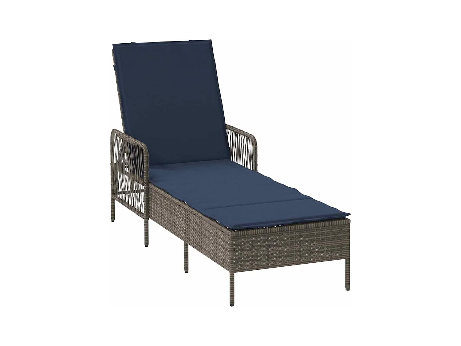 Chaise longue avec coussin en poly rotin gris.