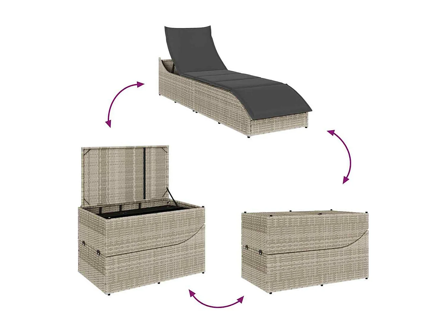 Sillón plegable con cojín y almacenaje en polirratán gris claro