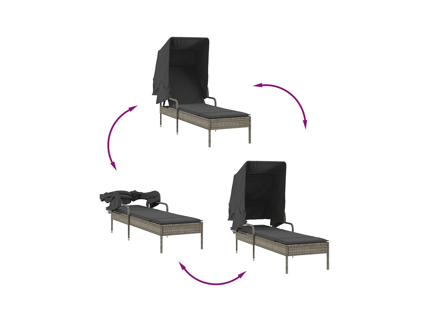 Grijze chaise longue van kunstharsriet met luifel