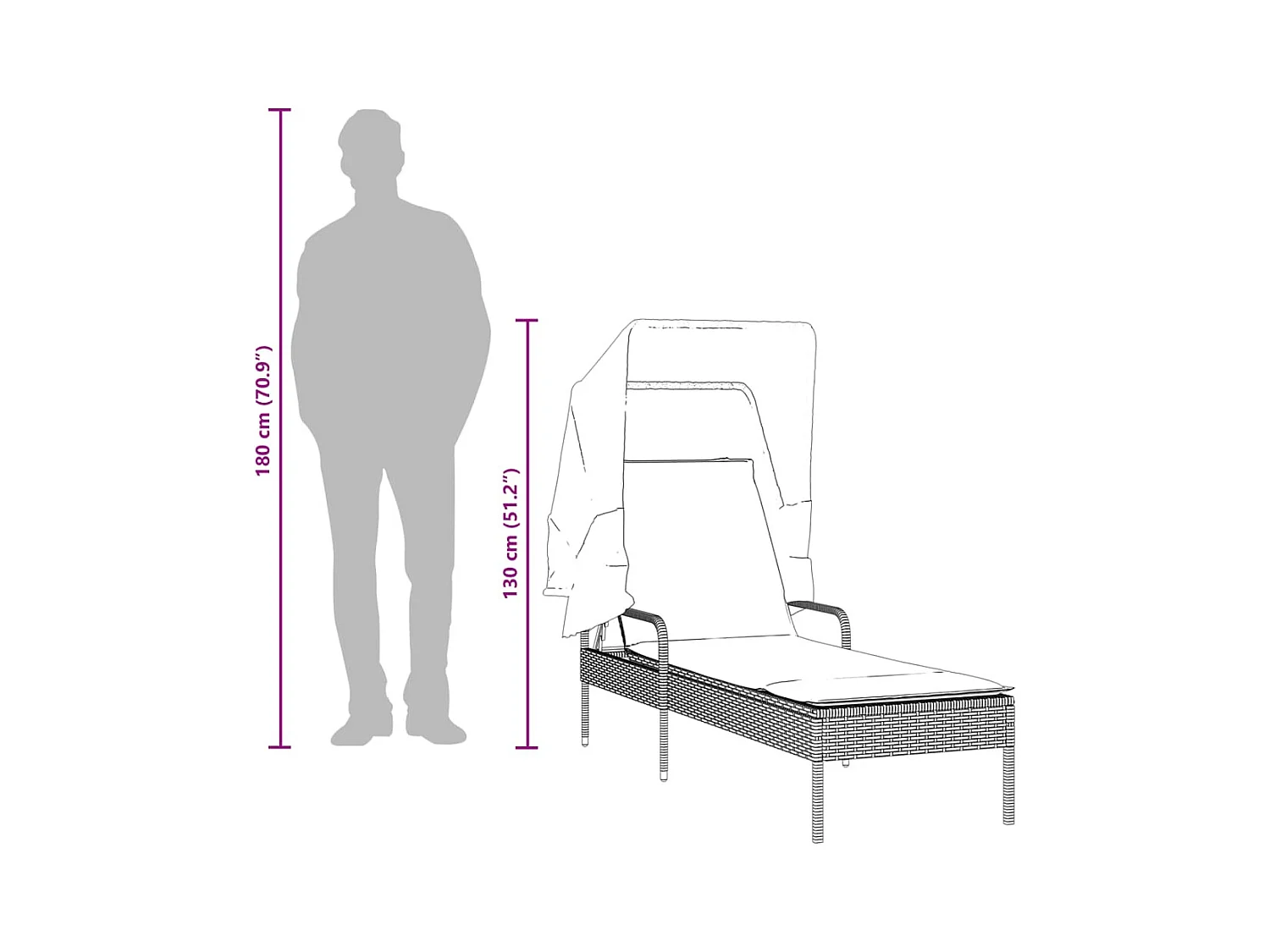 Grijze chaise longue van kunstharsriet met luifel