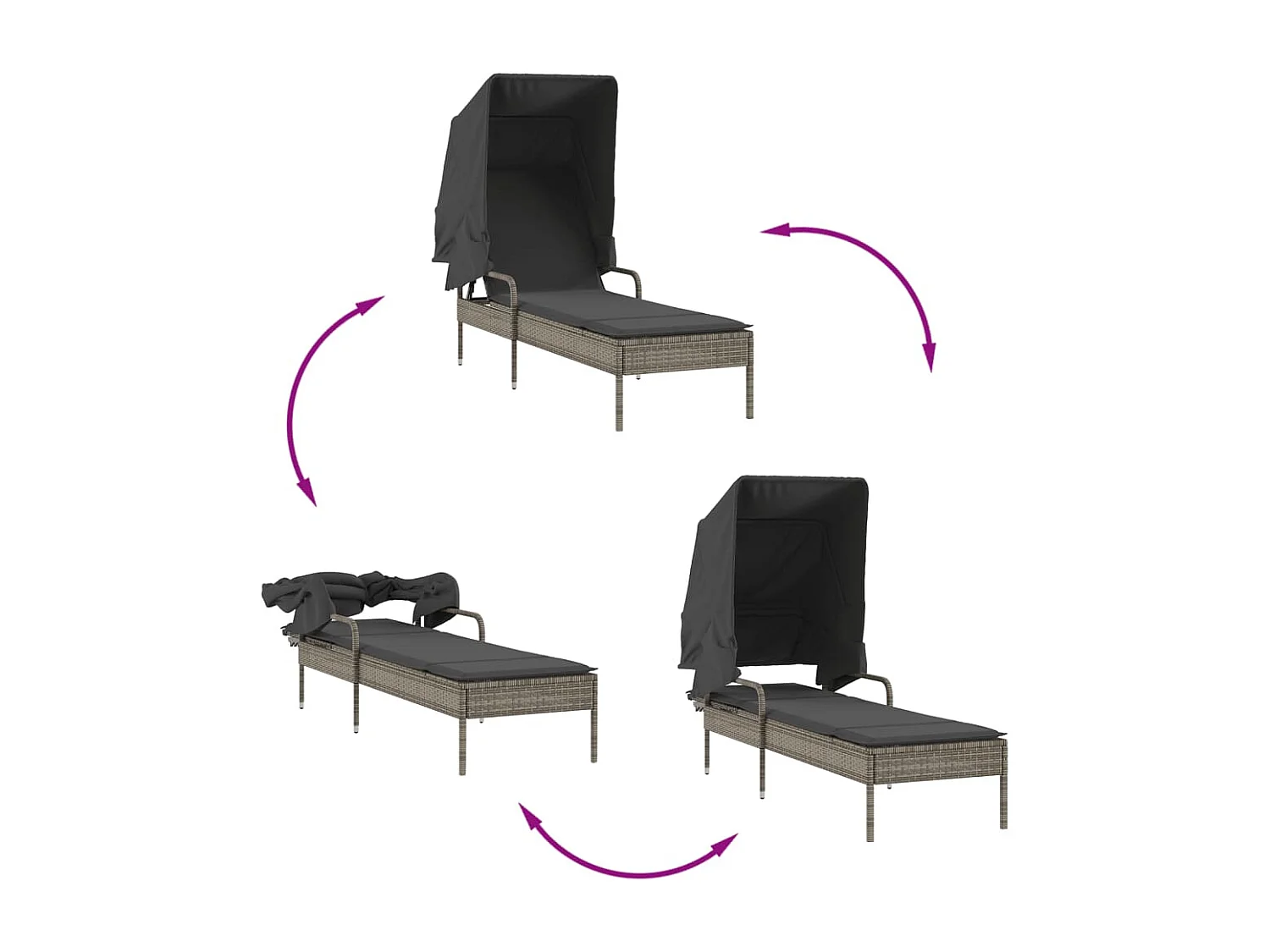 Chaise longue in vimini di resina grigia con baldacchino