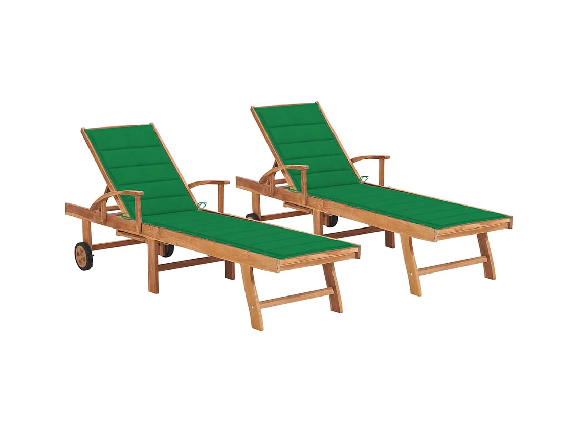 Chaises longues lot de 2 avec coussin vert Bois de teck solide
