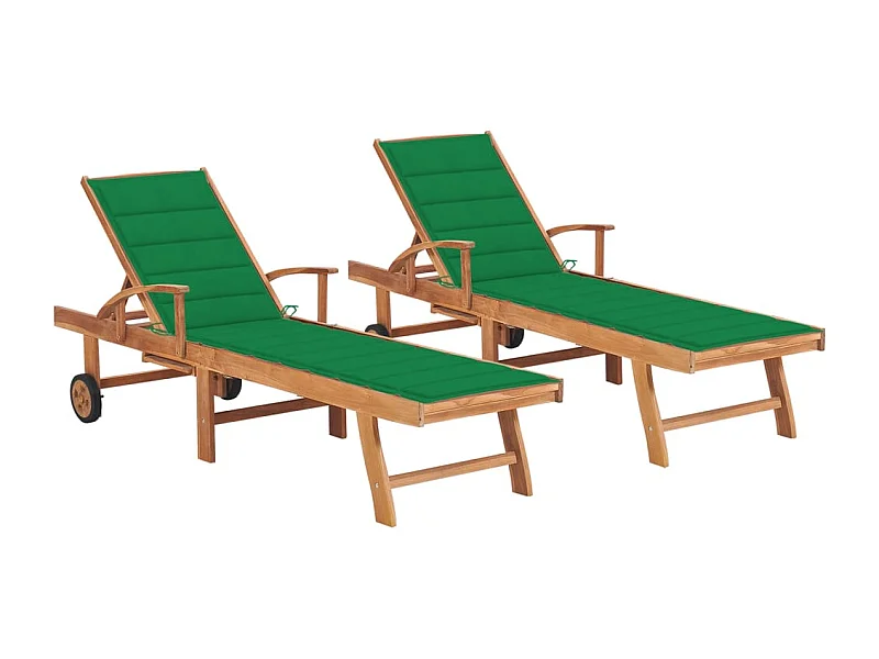 Chaises longues lot de 2 avec coussin vert Bois de teck solide