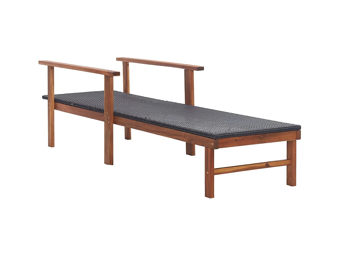 Loungestoel van geweven hars en massief acaciahout, zwart