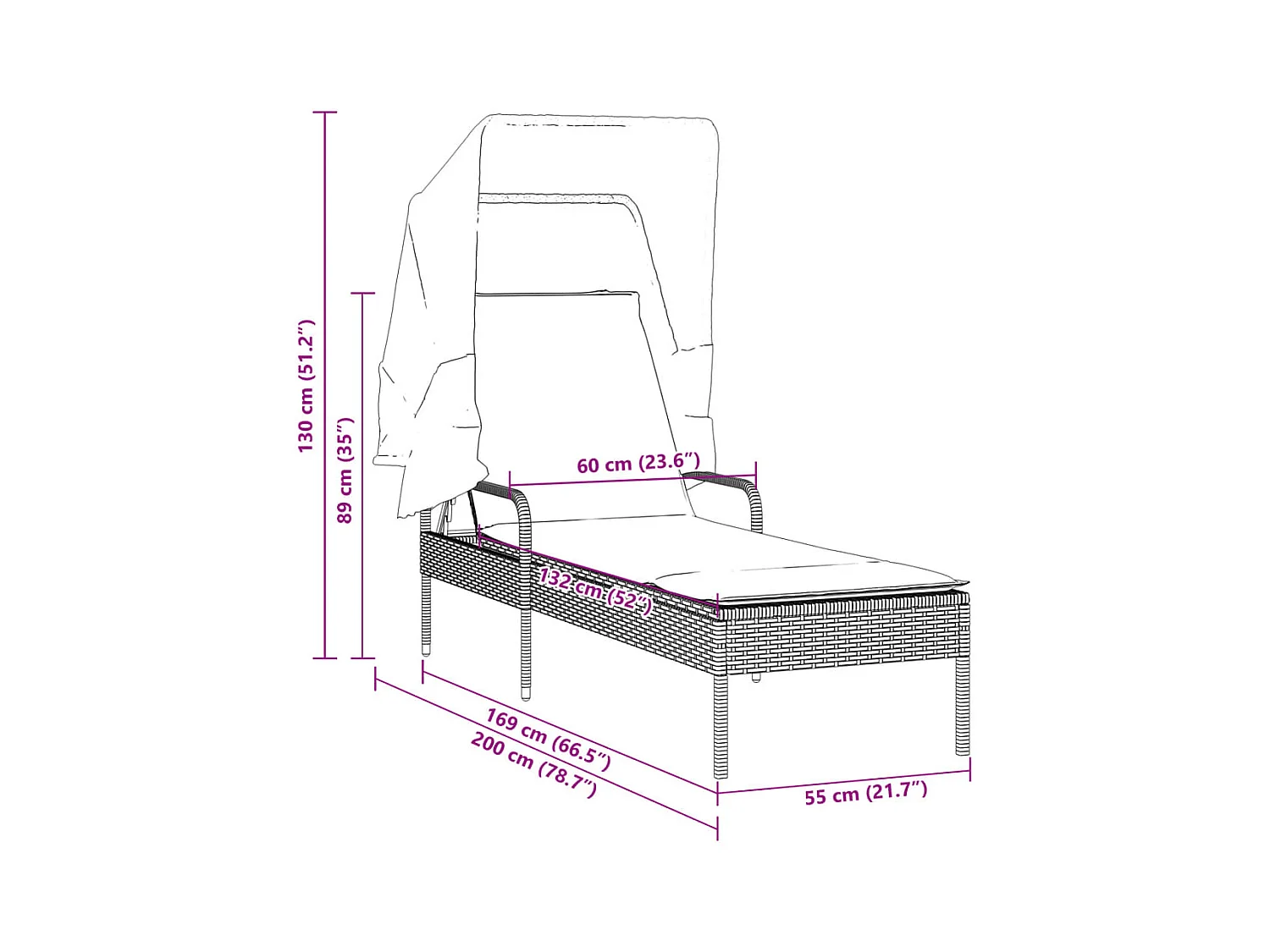 Chaise longue met zwarte rieten kap
