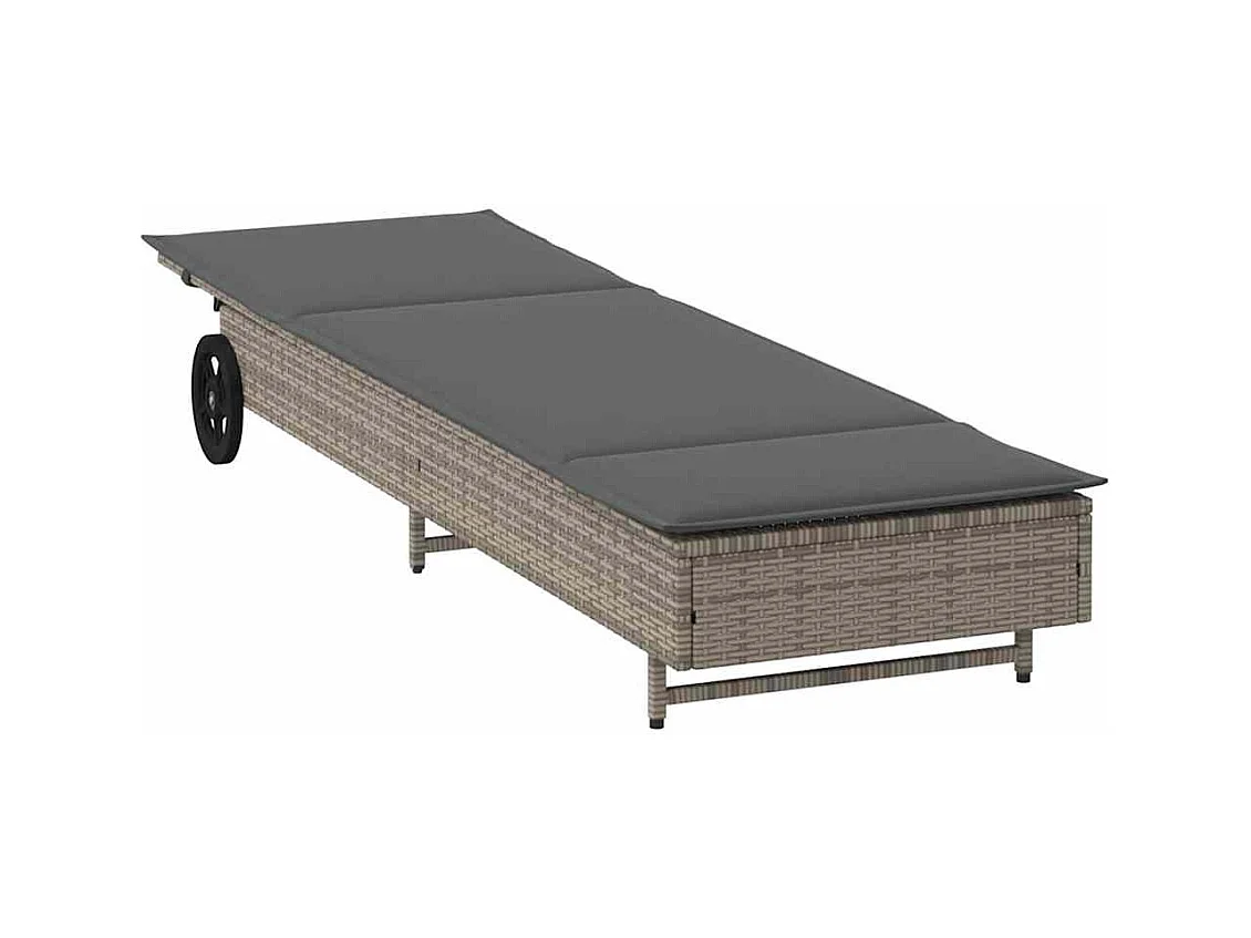 Chaise longue avec roues et coussin gris résine tressée