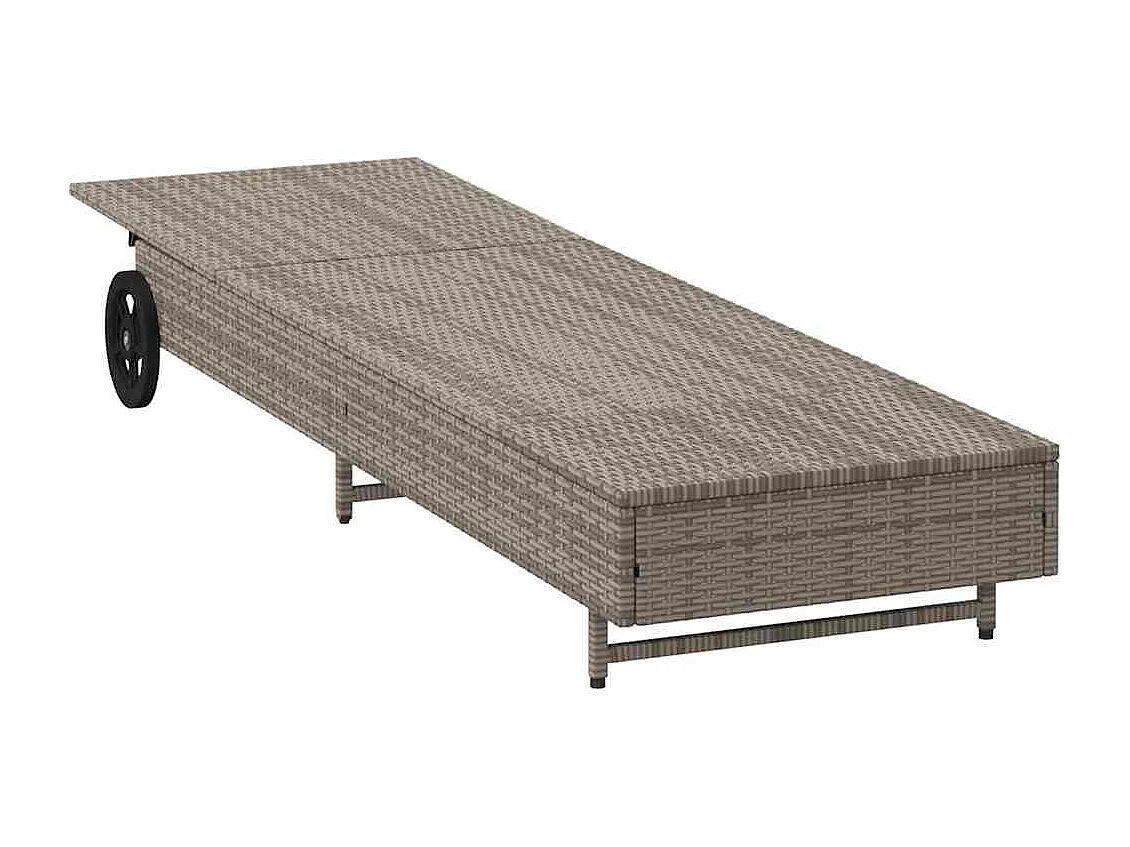 Chaise longue avec roues et coussin gris résine tressée