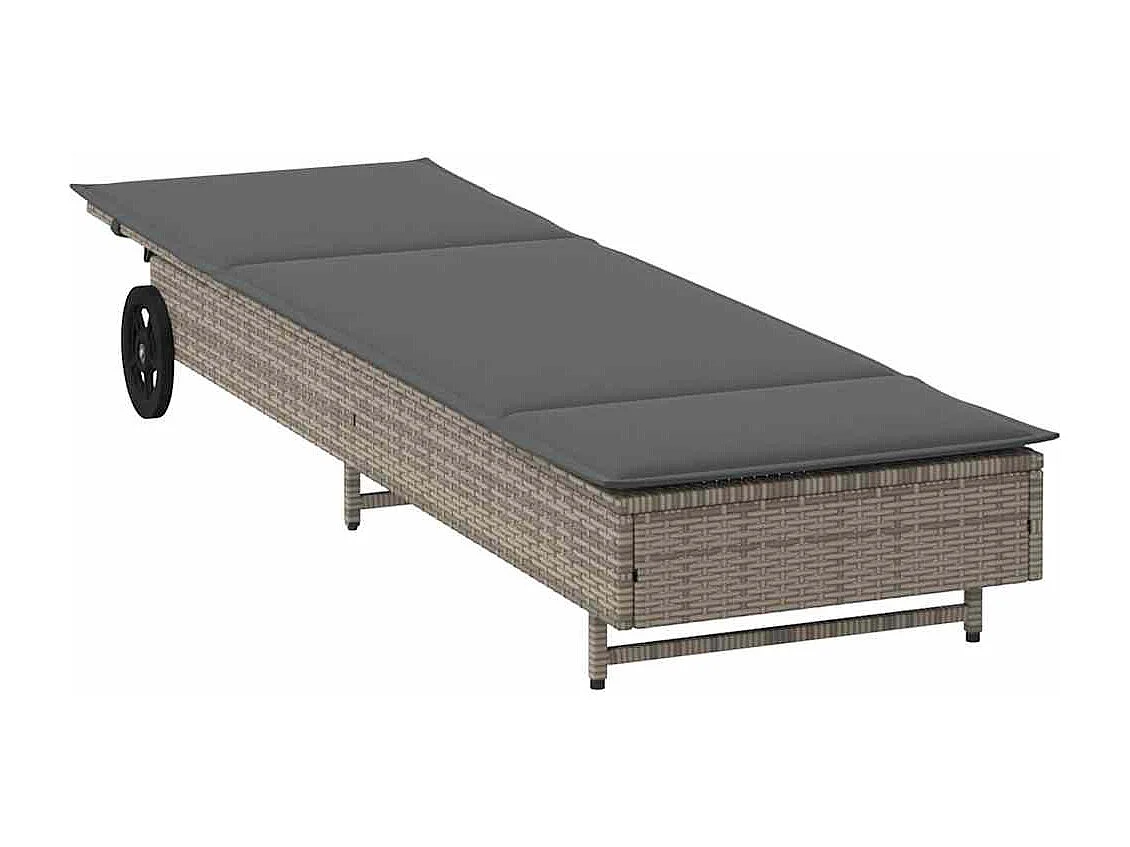Chaise longue avec roues et coussin gris résine tressée