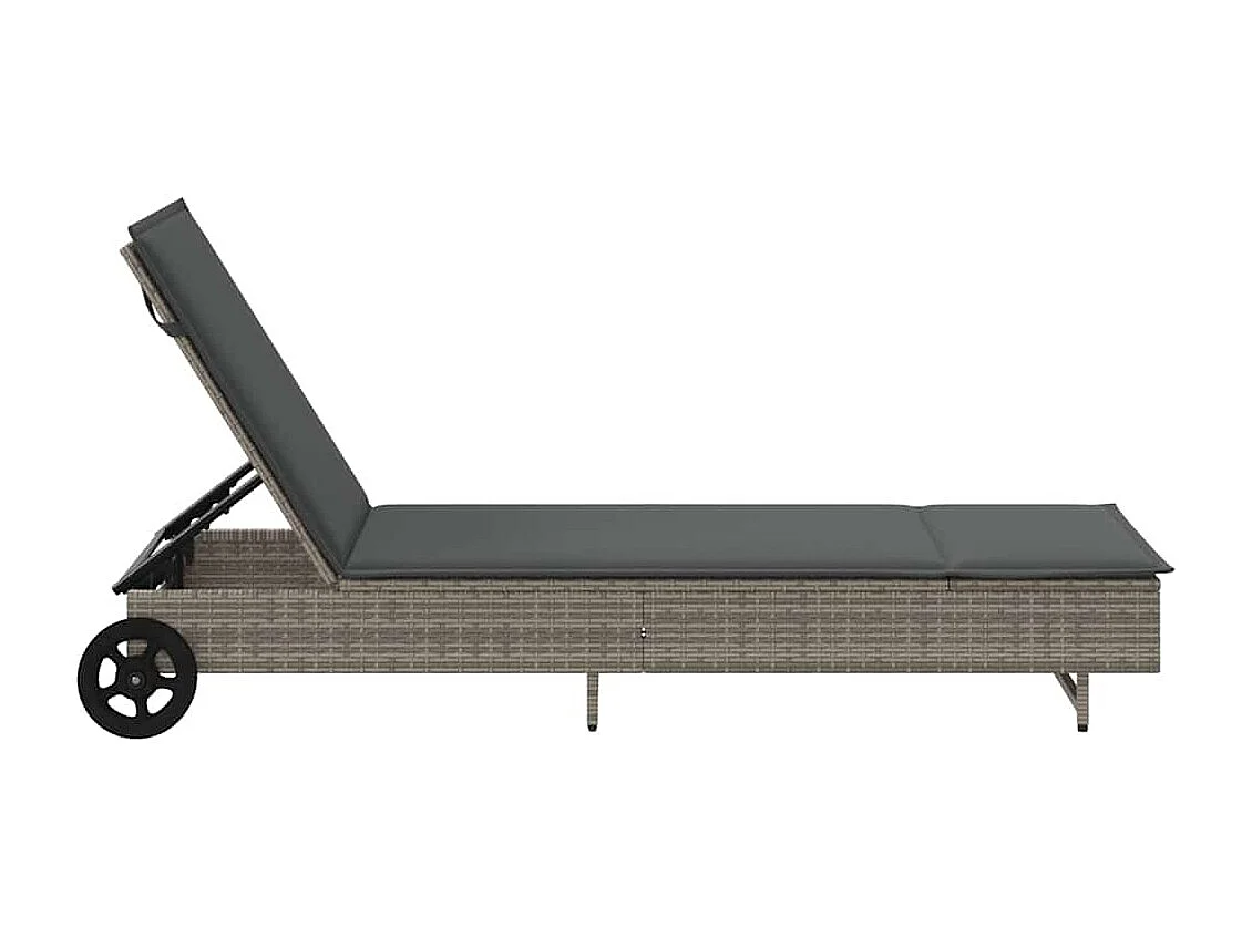 Chaise longue avec roues et coussin gris résine tressée