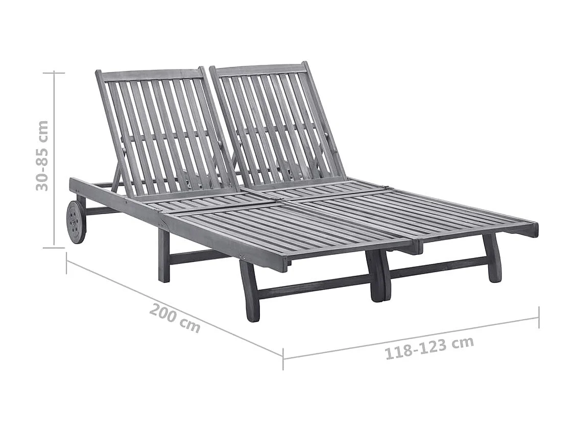 Chaise longue de jardin 2 places avec coussin Gris Acacia