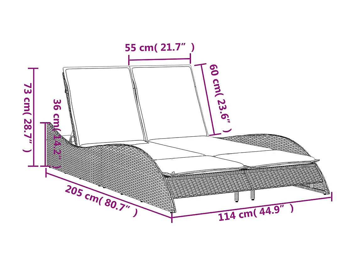 Chaise longue met bruine kussens 114x205x73 cm geweven hars