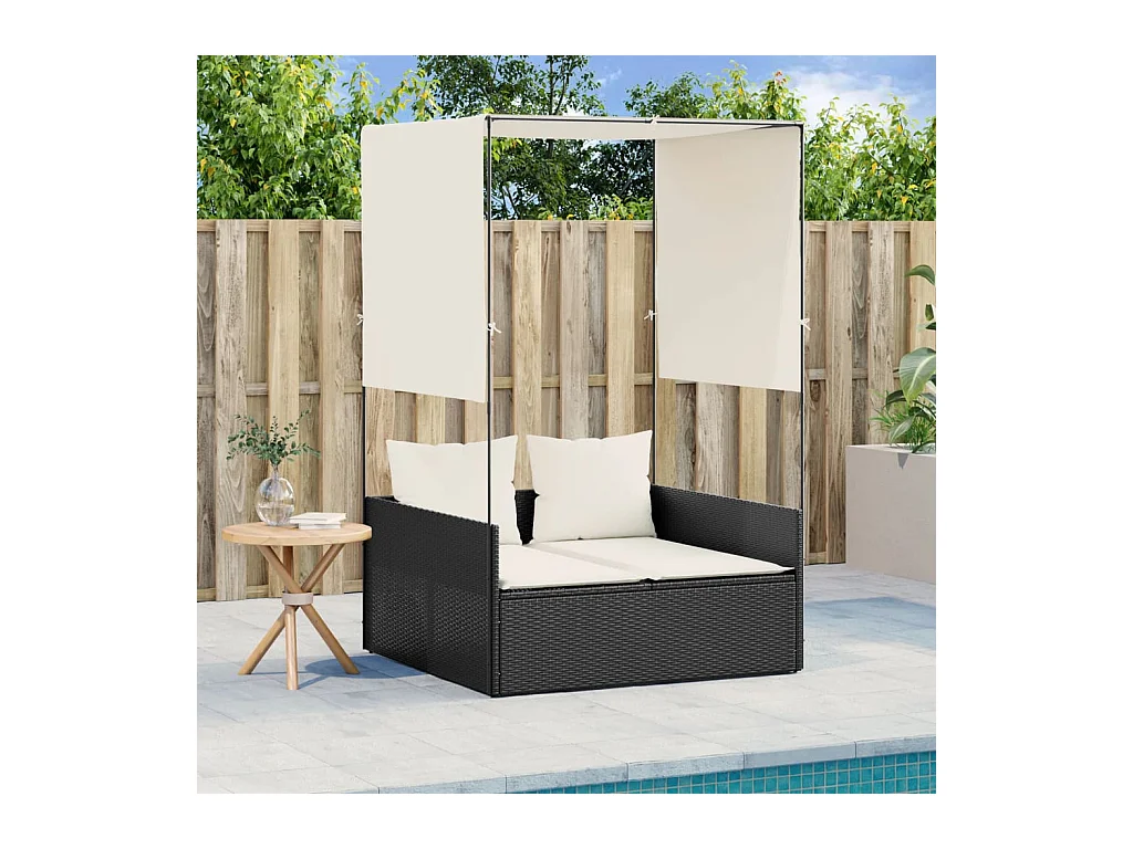 Chaise longue doppia con tetto e tende nere in resina intrecciata