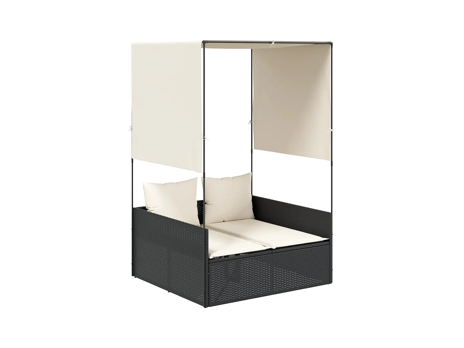 Chaise longue doppia con tetto e tende nere in resina intrecciata