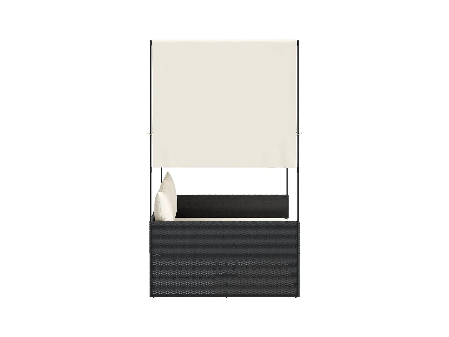 Chaise longue doppia con tetto e tende nere in resina intrecciata