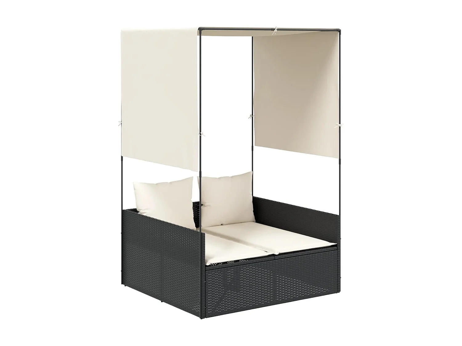 Chaise longue doppia con tetto e tende nere in resina intrecciata