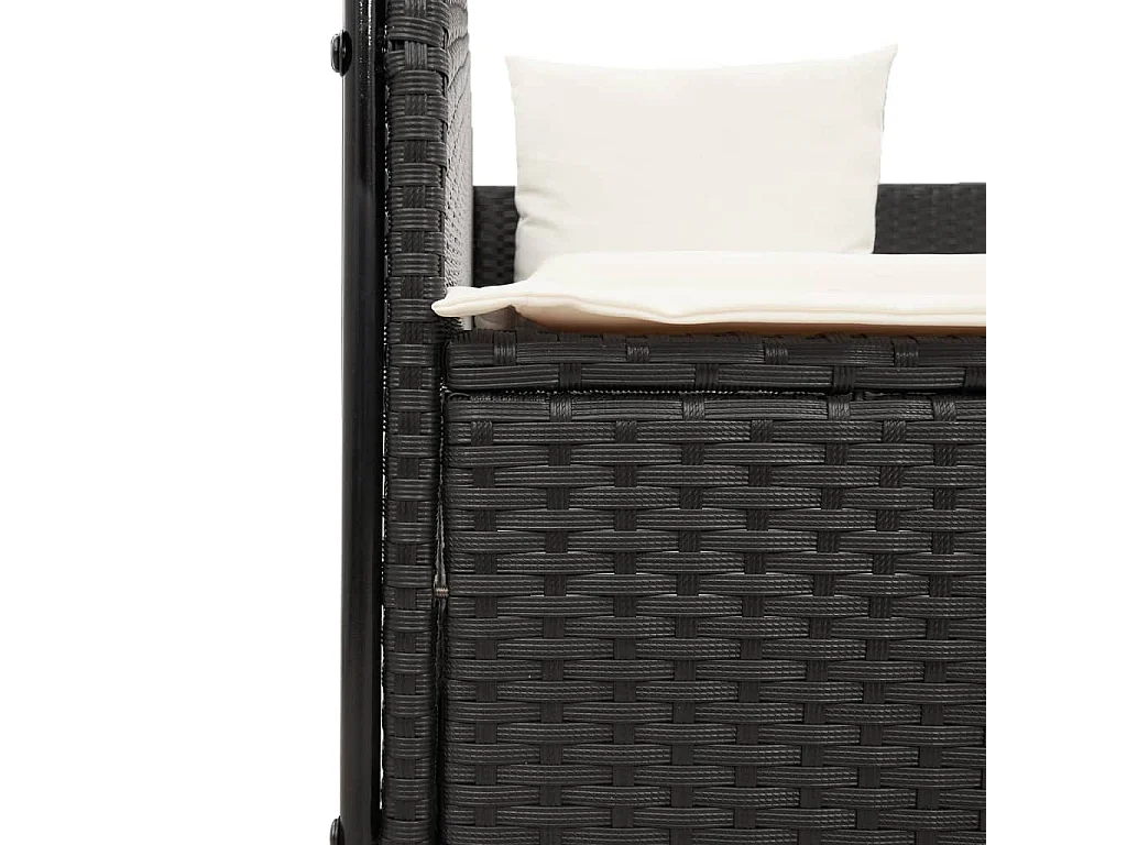 Chaise longue doppia con tetto e tende nere in resina intrecciata