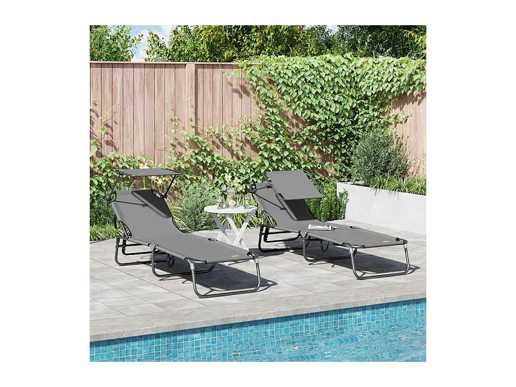 chaises longues pliantes, 2 pcs, avec auvent, gris, en tissu Oxford 600D.