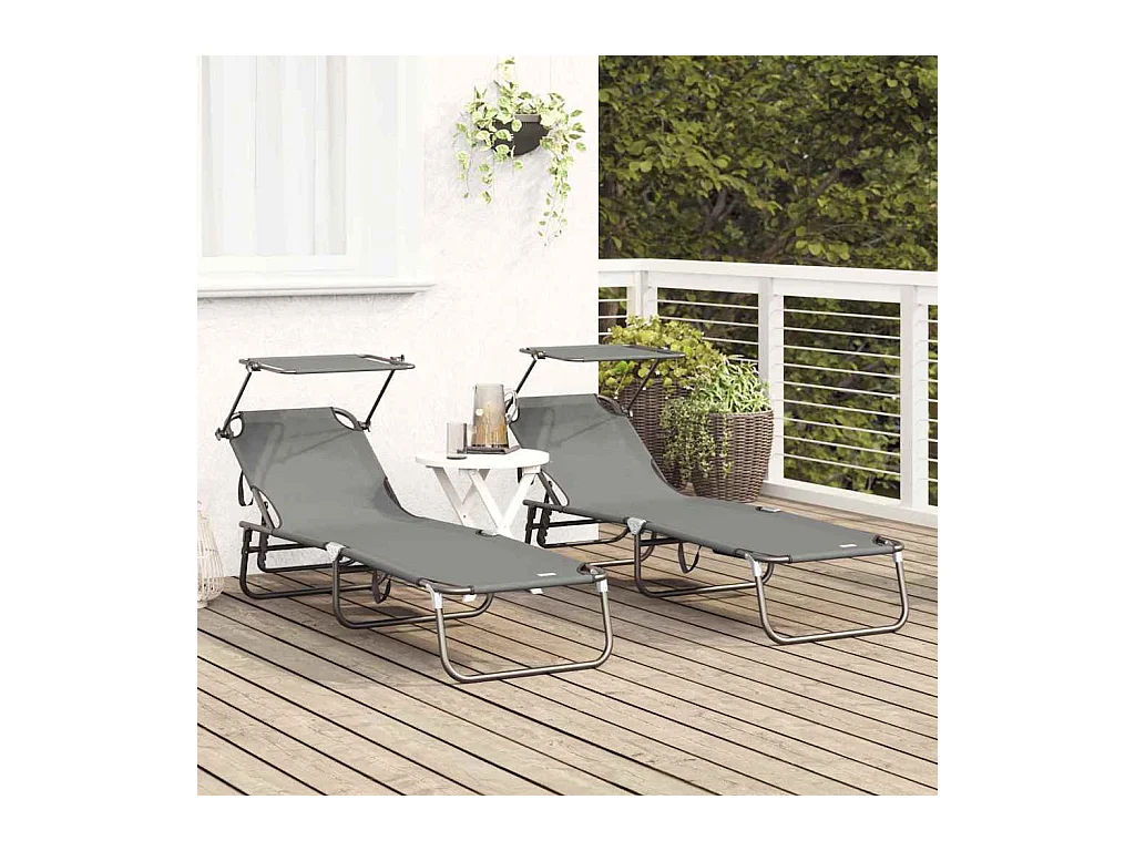 chaises longues pliantes, 2 pcs, avec auvent, gris, en tissu Oxford 600D.