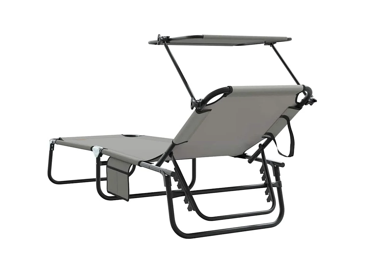 chaises longues pliantes, 2 pcs, avec auvent, gris, en tissu Oxford 600D.
