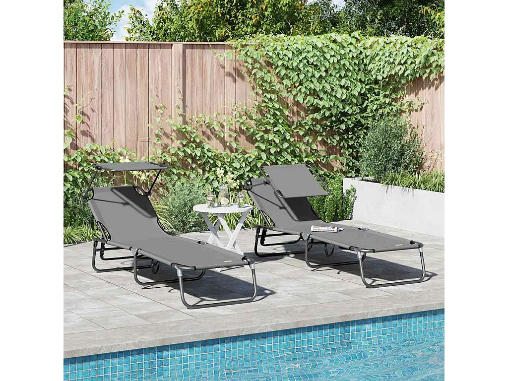 chaises longues pliantes, 2 pcs, avec auvent, gris, en tissu Oxford 600D.