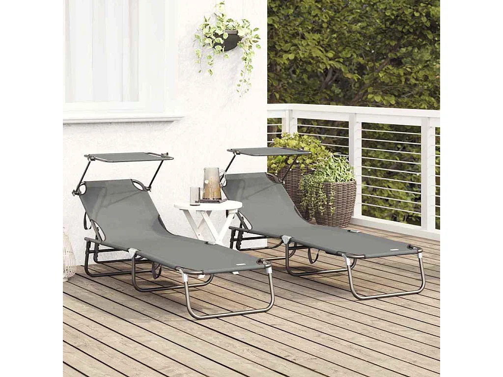 chaises longues pliantes, 2 pcs, avec auvent, gris, en tissu Oxford 600D.