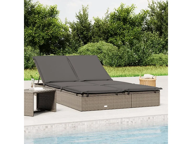 Chaise longue à 2 places avec coussins gris résine tressée