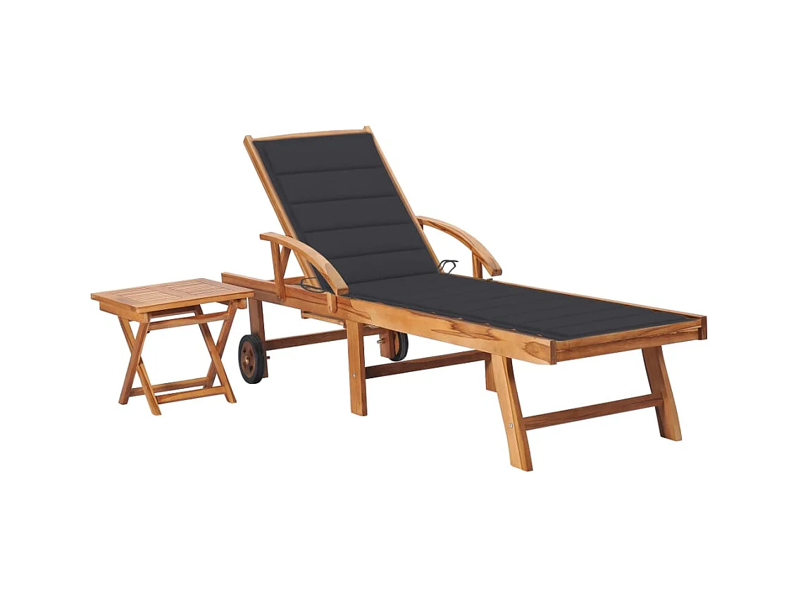 Chaise longue avec table et coussin Bois de teck solide