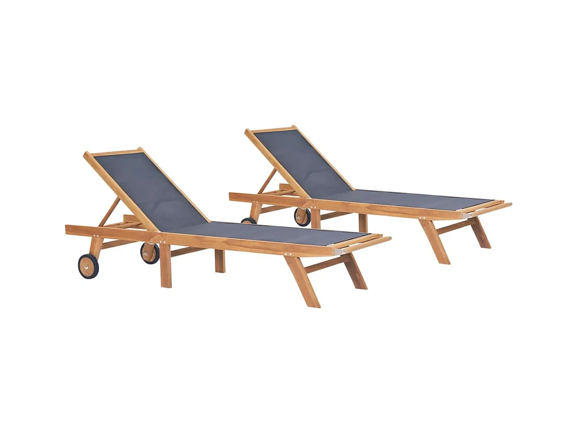 Opvouwbare ligstoelen met wielen, set van 2, Teak textileen