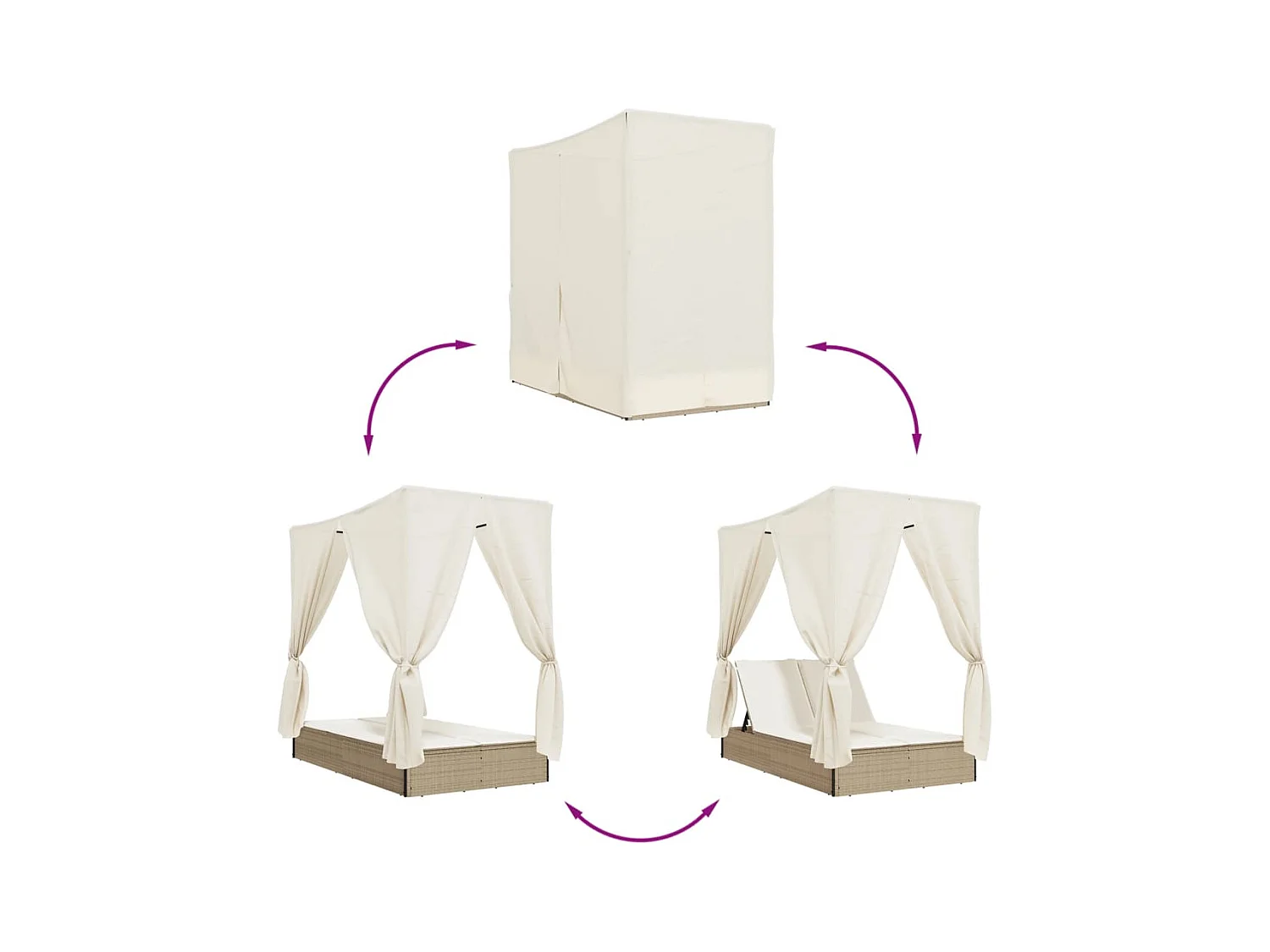 Chaise longue doppia con tetto e tende in resina intrecciata beige