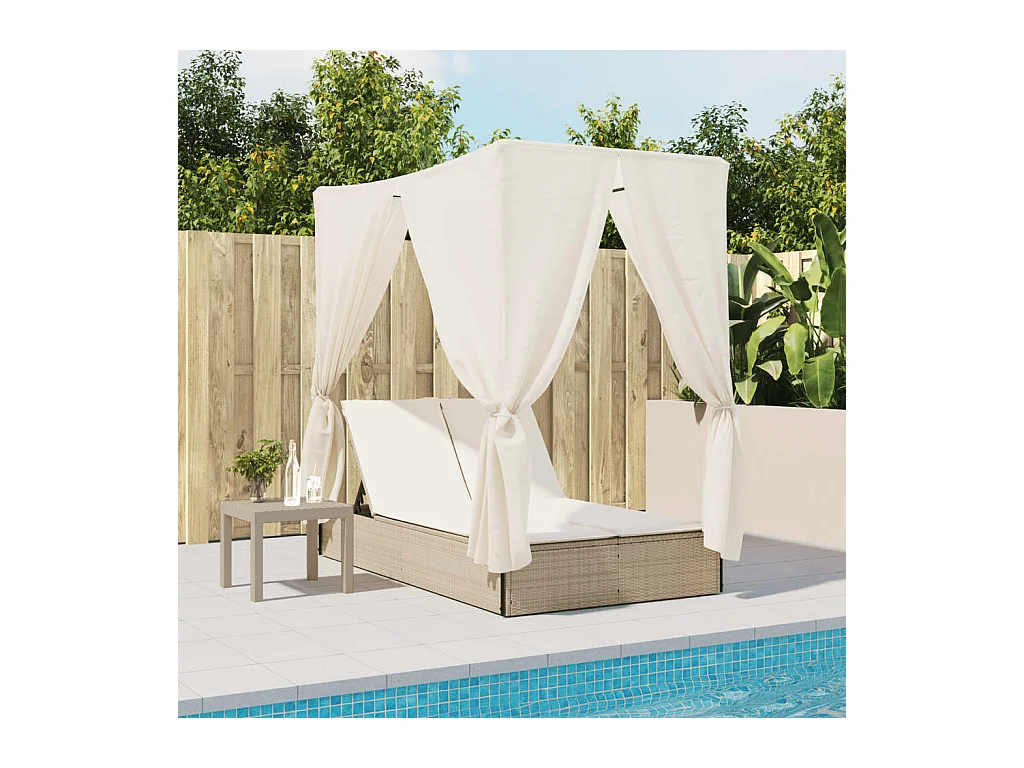 Chaise longue doppia con tetto e tende in resina intrecciata beige