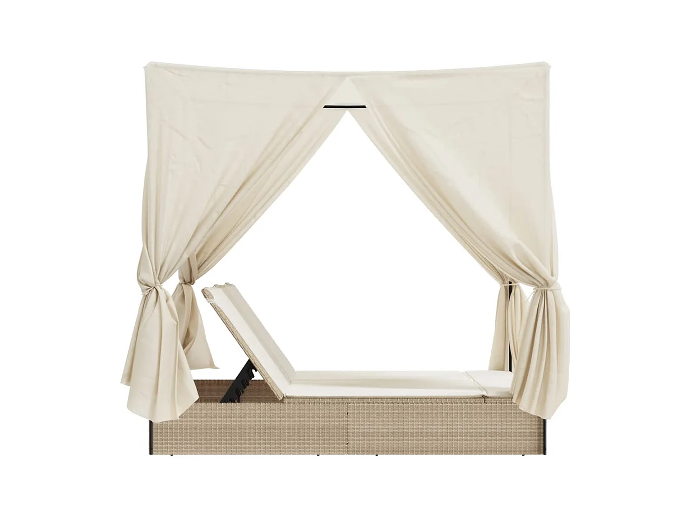 Chaise longue doppia con tetto e tende in resina intrecciata beige