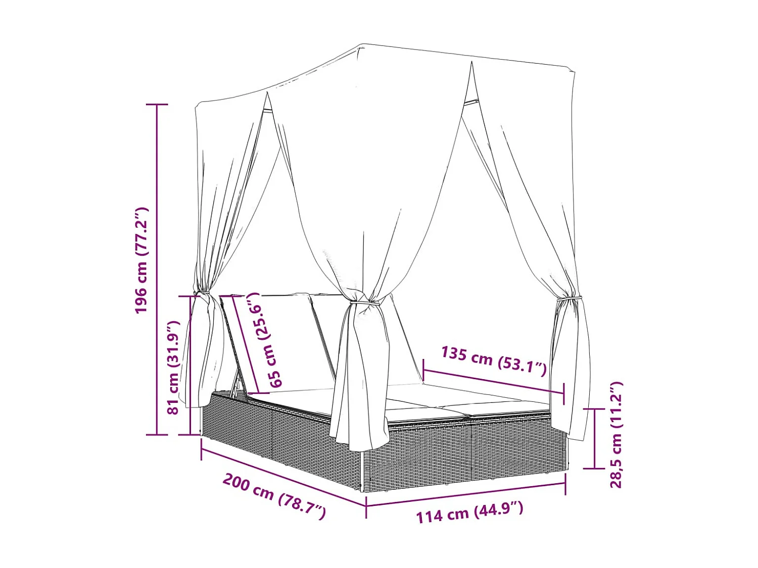 Chaise longue doppia con tetto e tende in resina intrecciata beige