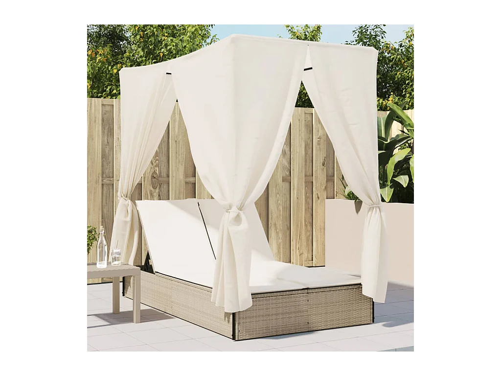Chaise longue double avec toit et rideaux beige résine tressée