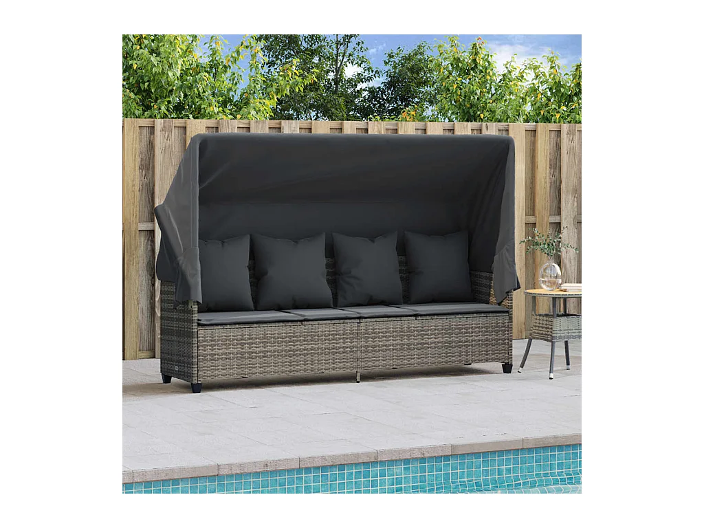 Chaise longue met zonnescherm en grijze geweven harskussens