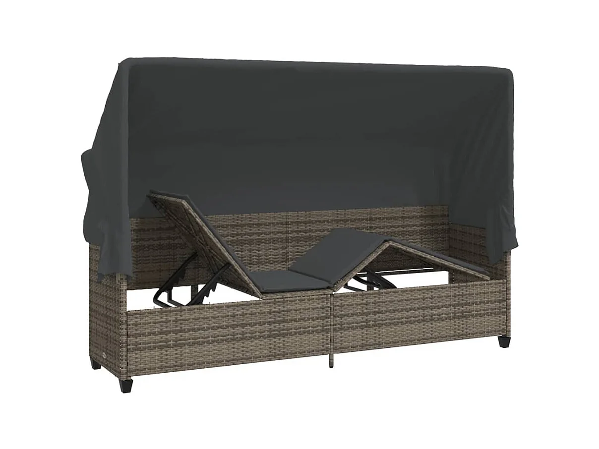 Chaise longue met zonnescherm en grijze geweven harskussens