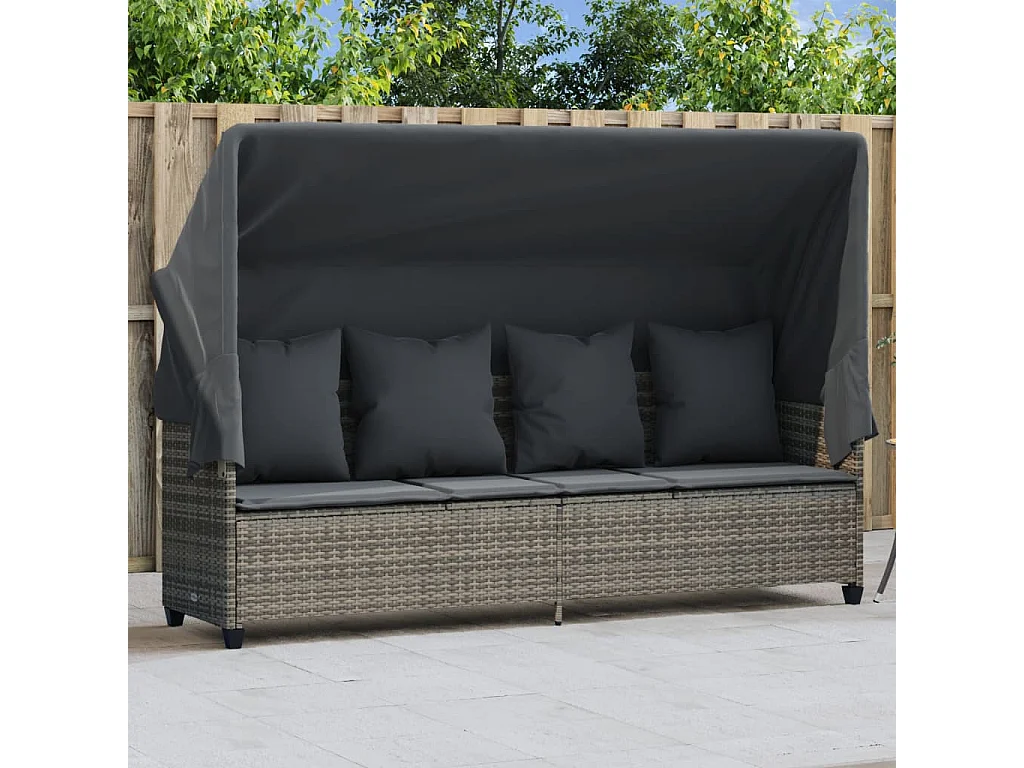 Chaise longue con tenda da sole e cuscini in resina intrecciata grigia