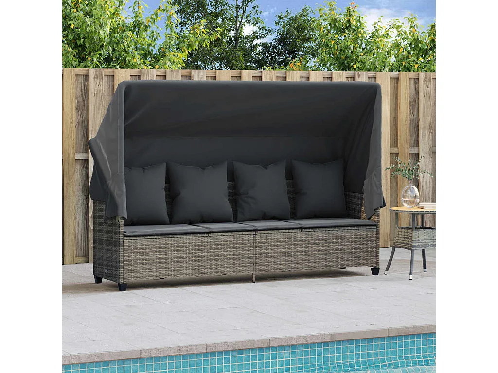 Chaise longue con tenda da sole e cuscini in resina intrecciata grigia