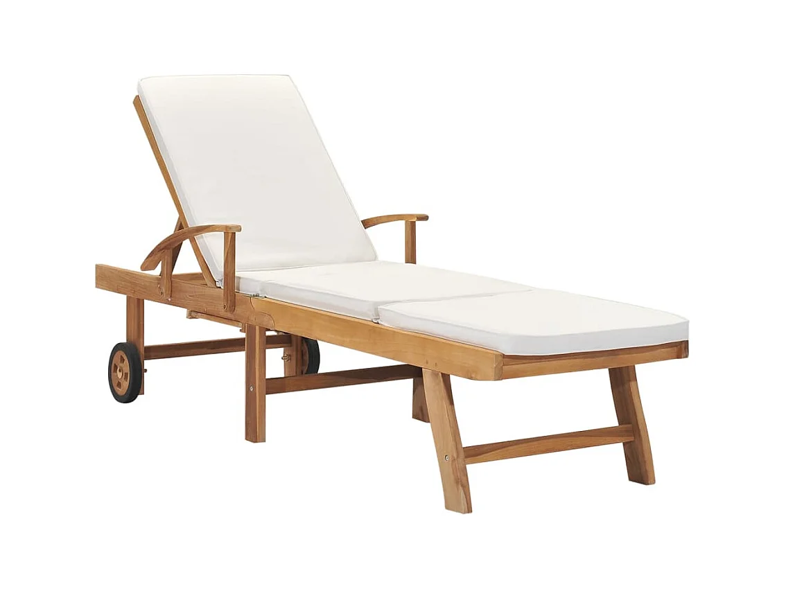 Loungestoel met kussen, massief teakhout, crème