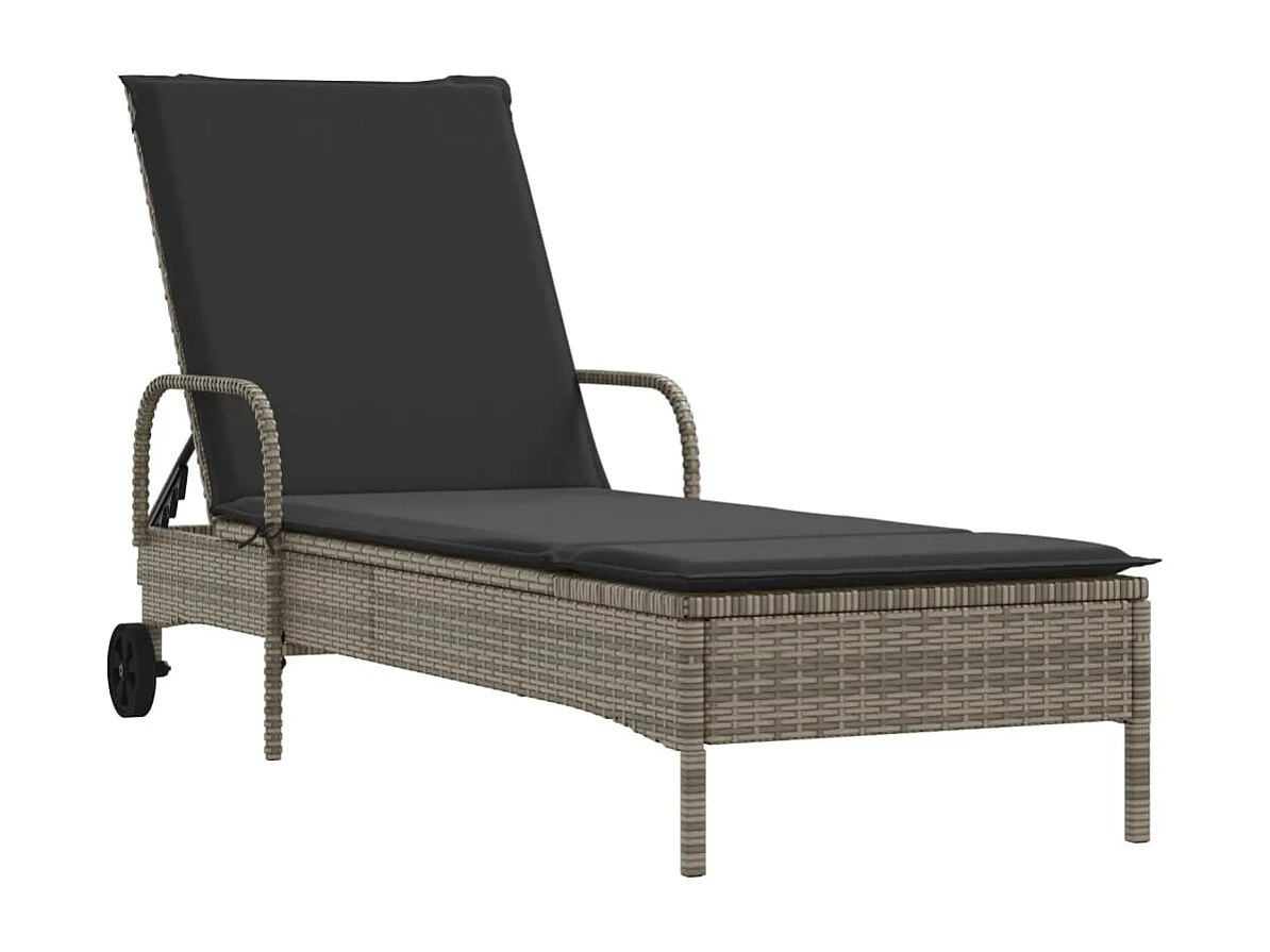 Chaise longue con ruote e cuscino in resina intrecciata grigia