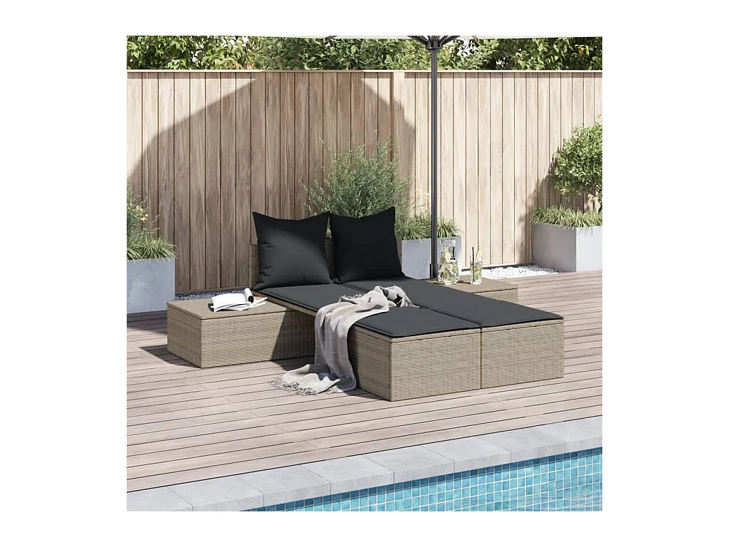 Dubbele chaise longue met lichtgrijze kussens van geweven hars