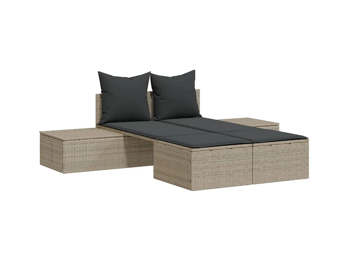 Dubbele chaise longue met lichtgrijze kussens van geweven hars