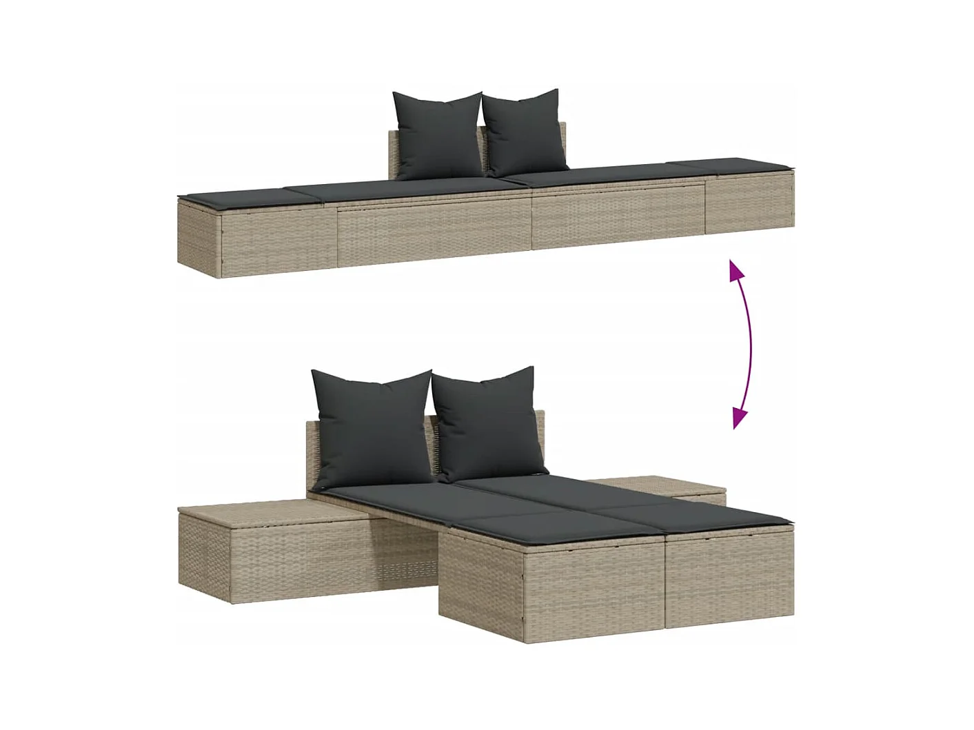 Dubbele chaise longue met lichtgrijze kussens van geweven hars