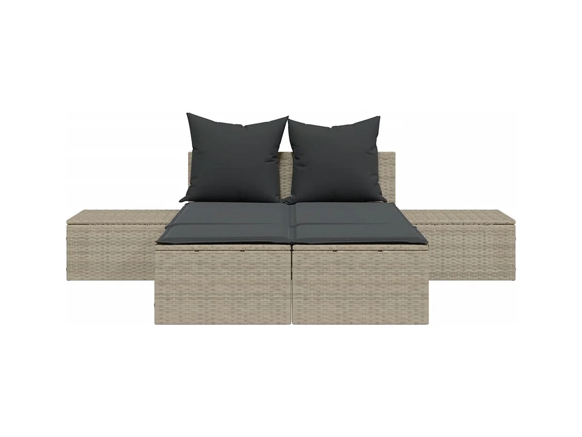 Dubbele chaise longue met lichtgrijze kussens van geweven hars