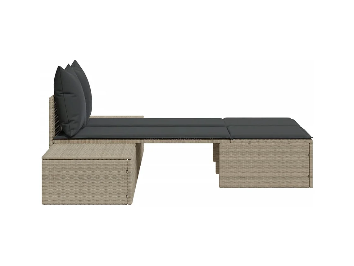 Dubbele chaise longue met lichtgrijze kussens van geweven hars