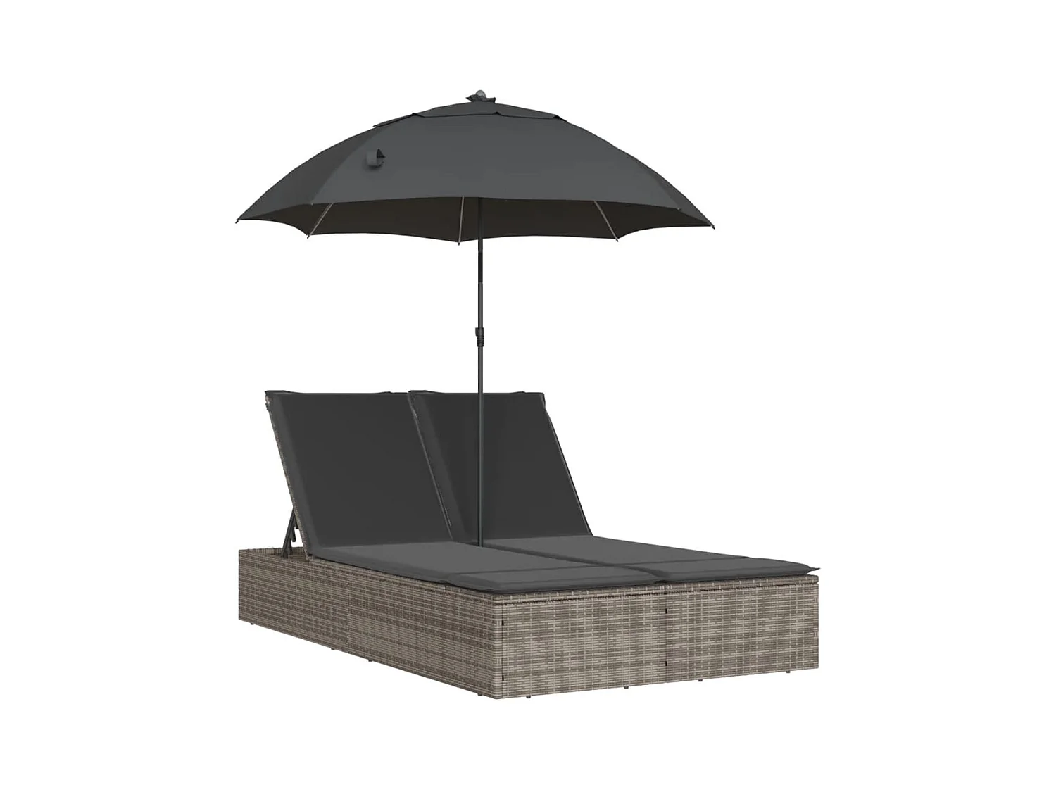 Chaise longue doble con cojines y sombrilla de resina tejida gris