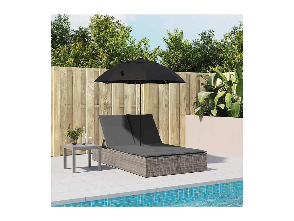 Chaise longue doble con cojines y sombrilla de resina tejida gris