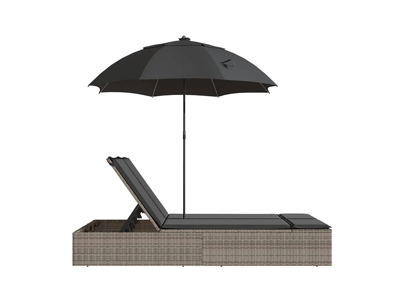 Chaise longue doble con cojines y sombrilla de resina tejida gris